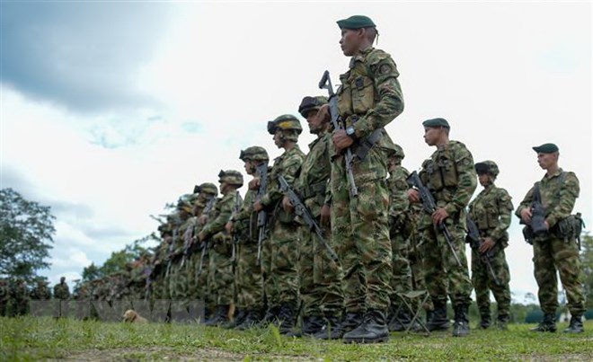 Binh sỹ Colombia tham gia cuộc diễn tập tại khu vực Tumaco, Narino ngày 14/4. (Nguồn: AFP/TTXVN)