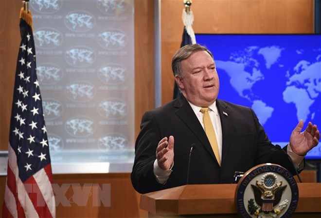 Ngoại trưởng Mỹ Mike Pompeo trong cuộc họp báo ở Washington, DC ngày 3-10. (Ảnh: THX/TTXVN)