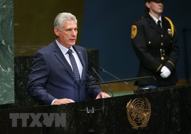 Chủ tịch Cuba Miguel Diaz-Canel phát biểu tại Khóa họp 73 Đại hội đồng Liên hợp quốc ở New York, Mỹ ngày 26-9-2018. (Ảnh: THX/TTXVN)