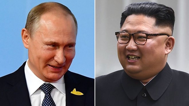 Nhà lãnh đạo Triều Tiên Kim Jong-un và Tổng thống Nga Vladimir Putin. (Nguồn: Sky News)