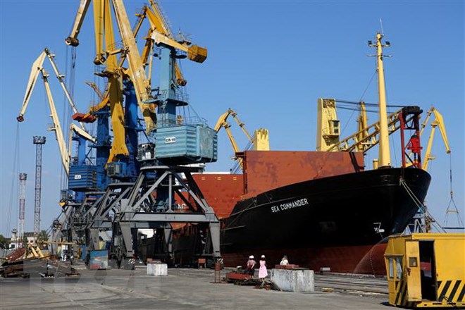 Tàu neo tại cảng Mariupol trên biển Azov, ngày 16-8-2018. (Ảnh: AFP/TTXVN)