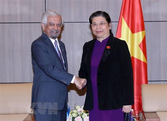 Kamal Malhotra, UN Resident Coordinator in Vietnam and National Assembly Vice Chairwoman Tong Thi Phong (R) 