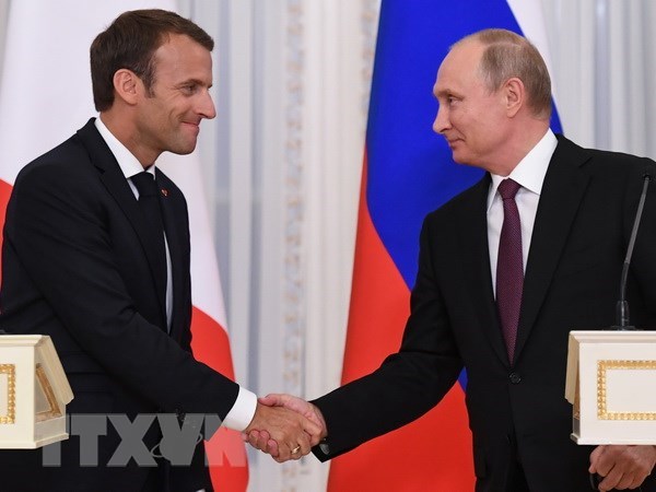 Tổng thống Nga Vladimir Putin (phải) và người đồng cấp Pháp Emmanuel Macron tại cuộc gặp ở Saint Petersburg, Nga ngày 24-5. (Nguồn: AFP/TTXVN)