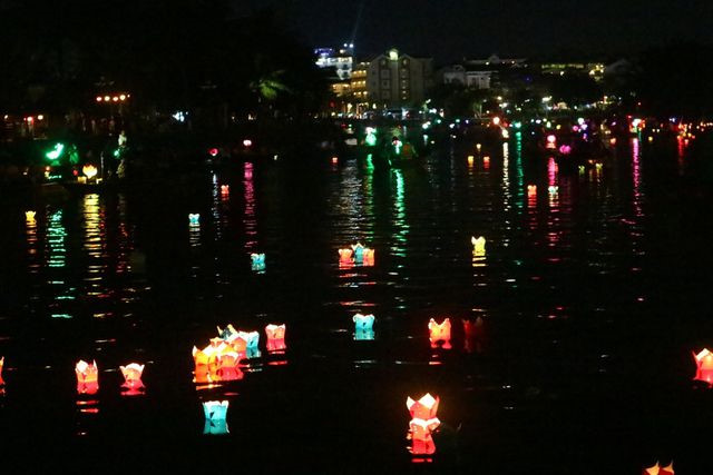   Hoai River is illuminated by lanterns throughout night.