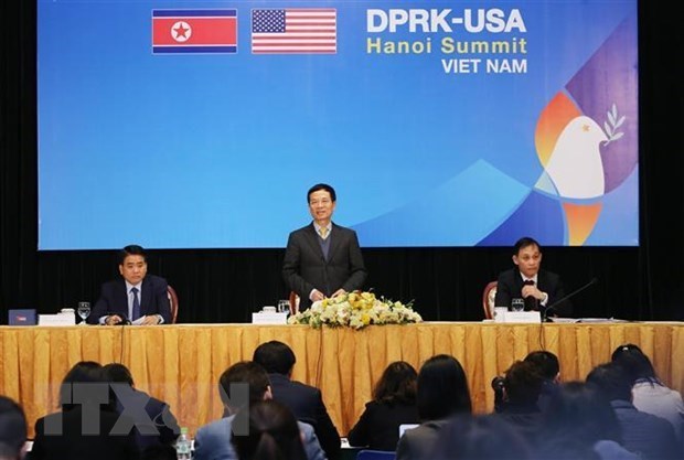 Minister of Information and Communications Nguyen Manh Hung speaks at the press conference in Hanoi on February 25