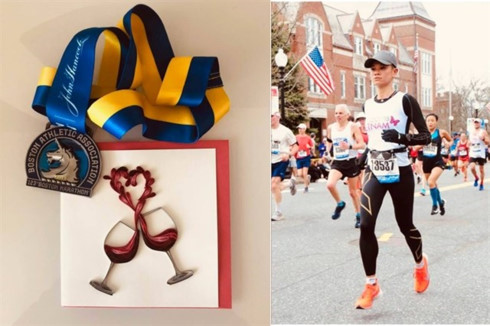 Vietnamese runner Nguyen Linh Chi competes in the Boston Marathon (right) and her finisher's medal (left). (Photo: webthethao.vn)