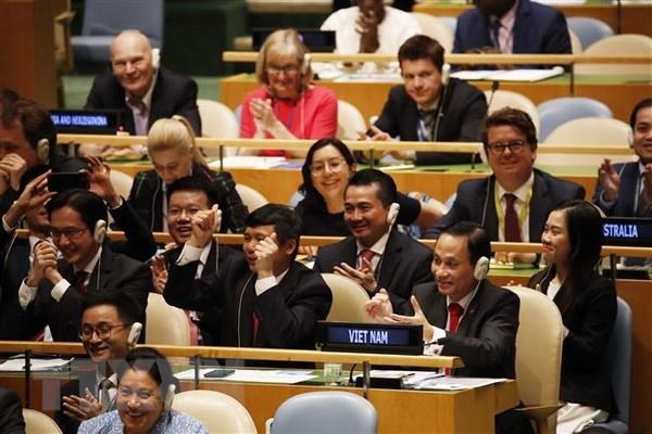 Members of the Vietnamese delegation rejoice over the country's election as a non-permanent member of the UN Security Council for 2020-2021 on June 7