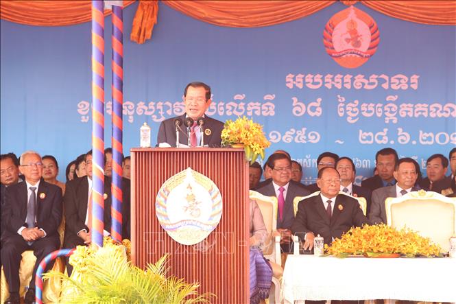 Chủ tịch CPP, Thủ tướng Hun Sen phát biểu tại lễ kỷ niệm. Ảnh: Nhóm P/v TTXVN tại Campuchia