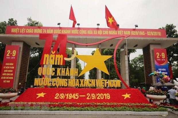 Thong Nhat (Reunification) Park's gate decorated on the occasion of Vietnam's National Day (September 2, 1945)