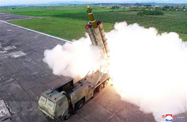 Vụ phóng thử hệ thống rocket đa nòng cỡ siêu lớn mới của Triều Tiên tại một địa điểm bí mật ngày 24/8/2019. (Nguồn: AFP/TTXVN)