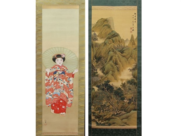 The paintings of Maiko (left) and mountains are among five precious Japanese paintings presented to Vietnam by Japanese collector Ito Chihiro. (Source: thanhnien.vn)