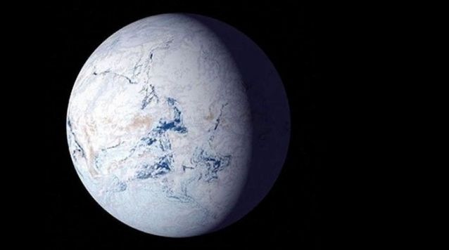 An illustration shows glaciers covering the planet in ice in a so-called Snowball Earth period billions of years ago. 