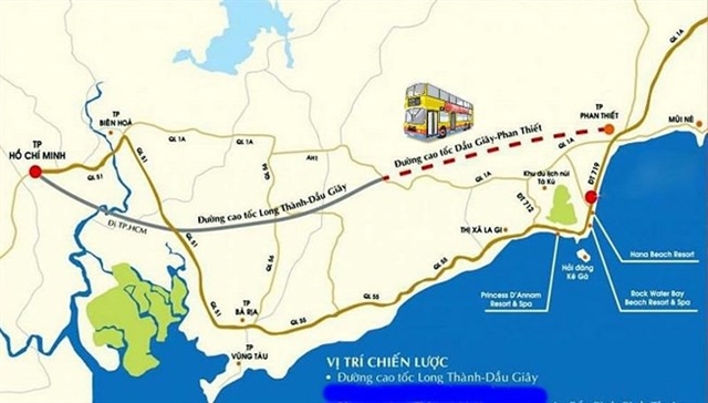 A map showing the route of the Phan Thiết – Dầu Giây Expressway, whose construction will begin next quarter. — Photo baobinhthuan.com.vn