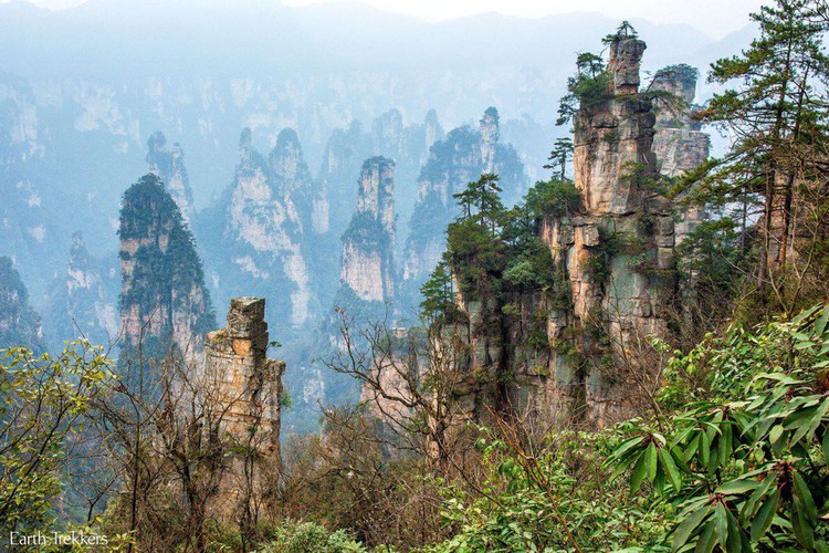 Zhāngjiājiè national forest park, China. One can experience flying around the national park’s towering natural columns, some of which stretch up over 1,000 metres, in an interactive video tour that explores the site. Viewers can also enjoy high definition 360-degree shots from the sky.