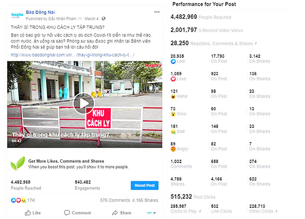 Một số thống kê cơ bản trên Facebook của phóng sự Thấy gì trong khu cách ly tập trung