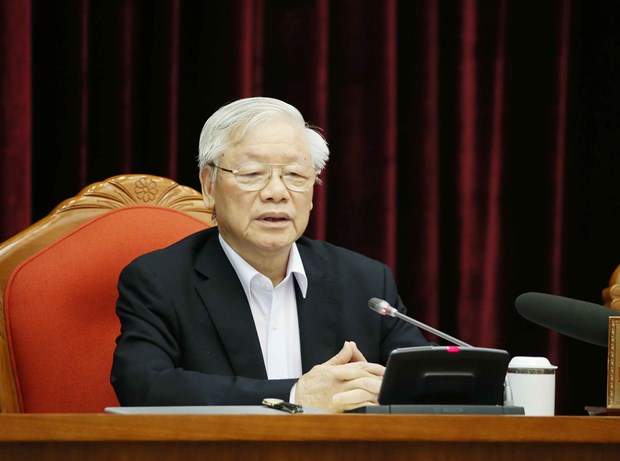 Party General Secretary and State President Nguyen Phu Trong speaks at a meeting in Hanoi on April 23.