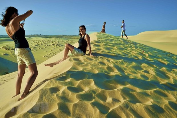 Foreign visitors explore sand dunes in Binh Thuan province before COVID-19 broke out (Photo: VNA)