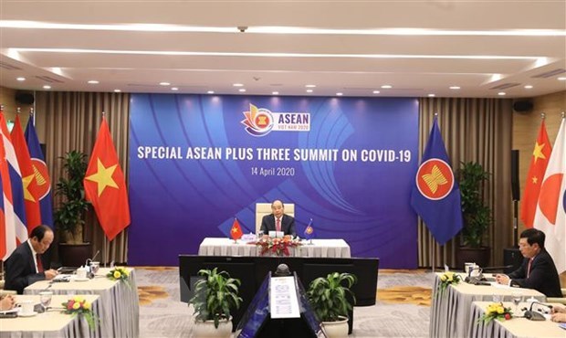 Prime Minister Nguyen Xuan Phuc delivers a speech at the Special ASEAN Plus Three Summit on COVID-19. 