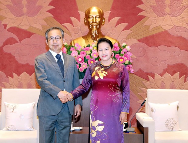 National Assembly Chairwoman Nguyen Thi Kim Ngan (R) meets with Japanese Ambassador Yamada Takio on June 30.