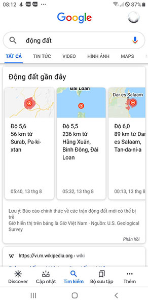 Khi vào Google Tìm kiếm và nhập từ khóa “động đất”, bạn sẽ có thông tin về những trận động đất vừa xảy ra ở địa điểm gần nhất