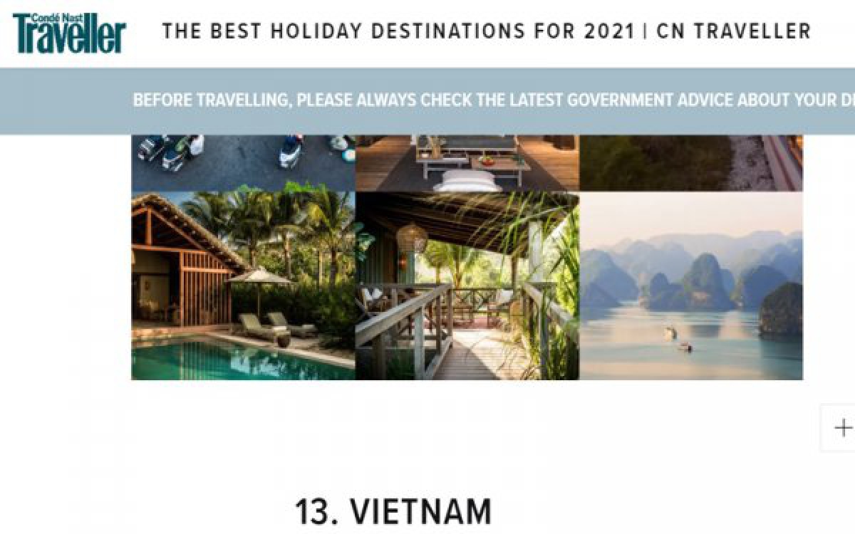 Vietnam ranked 13th among CNTraveller's selection of the top 21 holiday destinations for 2021.