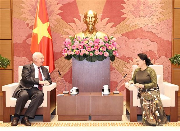 Chairwoman of the National Assembly Nguyen Thi Kim Ngan (R) receives outgoing Russian Ambassador to Vietnam Konstantin Vnukov.