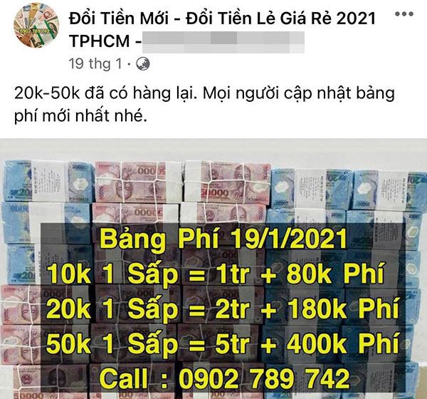 Việc tự ý đổi tiền không đúng quy định sẽ bị xử phạt từ 20-40 triệu đồng. Trong ảnh: Một bài quảng cáo đổi tiền mới có thu phí được đăng trên Facebook. Ảnh chụp màn hình