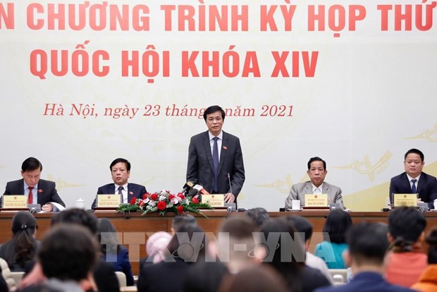 Secretary General of the NA and Chairman of the NA Office Nguyen Hanh Phuc speaks at the press conference on March 23.