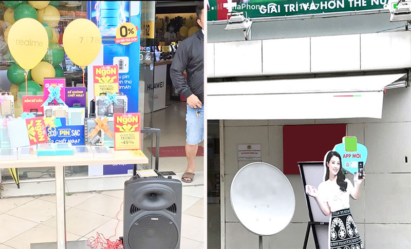 Một số cửa hàng điện máy trên đường Phạm Văn Thuận (TP.Biên Hòa) thường xuyên phát loa quảng cáo sản phẩm với công suất lớn. Ảnh: P.Liễu