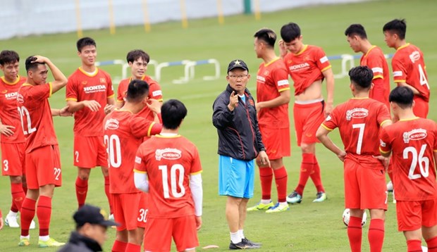 At a training session of the national men's football squad (Photo: VNA)