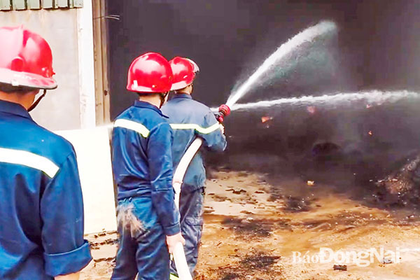 Lực lượng Cảnh sát phòng cháy, chữa cháy dập tắt vụ cháy tại Công ty TNHH Gỗ sấy Hưng Thịnh (xã Tân An, H.Vĩnh Cửu) ngày 19-1. Ảnh: CTV