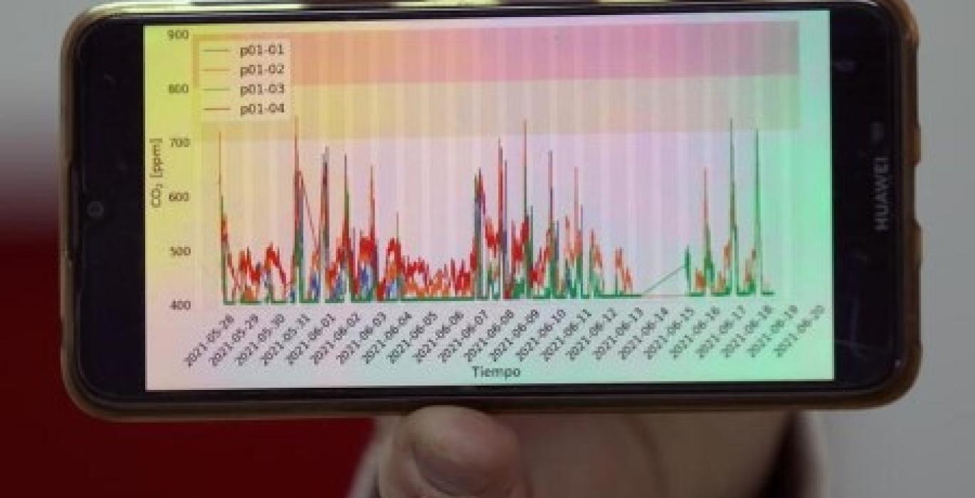 A man shows a graphic delivered from a prototype device which measures the coronavirus disease (COVID-19) contagion risk levels by monitoring CO2 emissions in real time inside enclosed spaces, in Santiago, Chile June 22, 2021. 