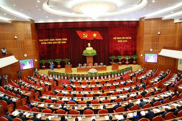 A view of the plenary sitting of the 13th Party Central Committee's third session on July 5 morning.