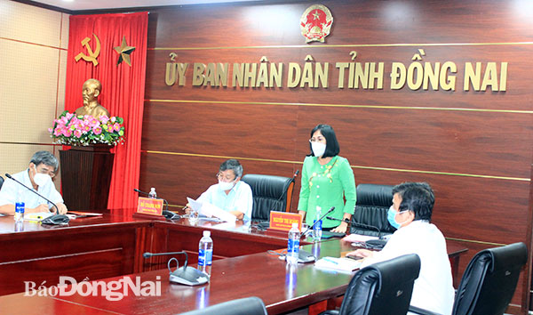 Phó chủ tịch UBND tỉnh Nguyễn Thị Hoàng báo cáo tình hình dịch bệnh trên địa bàn tỉnh