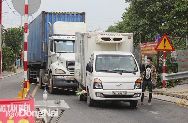 Phương tiện vận chuyển hàng hóa dừng lại kiểm tra tại chốt kiểm soát giao thông (P.Tân Biên, TP.Biên Hòa).