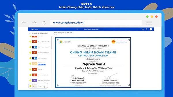 Chứng nhận được cấp sau khi người học đã hoàn thành khóa học