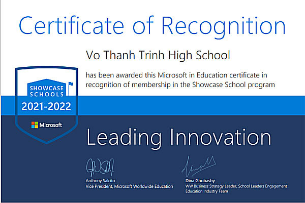 Ảnh 2: Chứng nhận Showcase School 2021-2022 của Trường Võ Thành Trinh