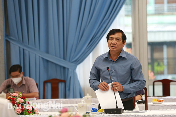 Phó chủ tịch UBND tỉnh Nguyễn Sơn Hùng báo cáo về công tác an sinh xã hội tại cuộc họp. Ảnh: Huy Anh