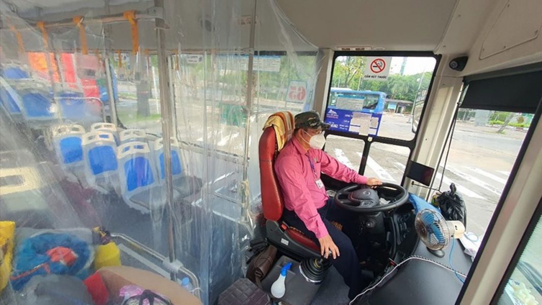 A bus is equipped with a plastic divider curtain between the driver’s compartment and that of the passengers – PHOTO: LDO