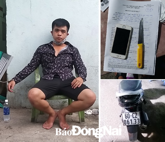 Trần Bảo Duy bị công an bắt giữ cùng chiếc xe và tang vật trong vụ cướp tài sản của chủ Shop quần áo