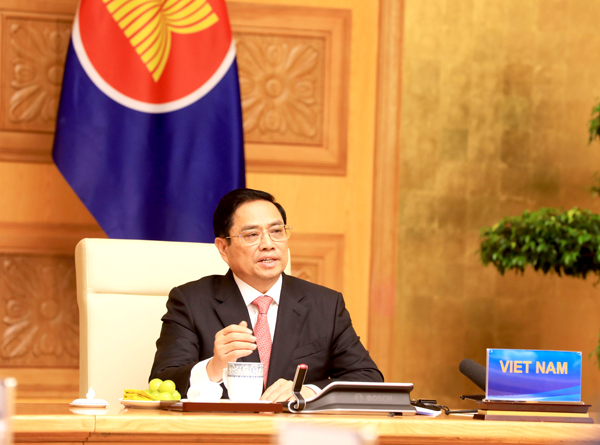 Thủ tướng Chính phủ Phạm Minh Chính phát biểu tại hội nghị cấp cao đặc biệt kỷ niệm 30 năm quan hệ ASEAN - Trung Quốc. Ảnh: TTXVN