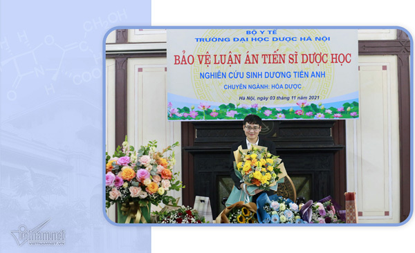 Duong Tien Anh poses at his doctoral thesis defence ceremony in Pharmaceutical Chemistry at Hanoi University of Pharmacy on November 3, 2021.
