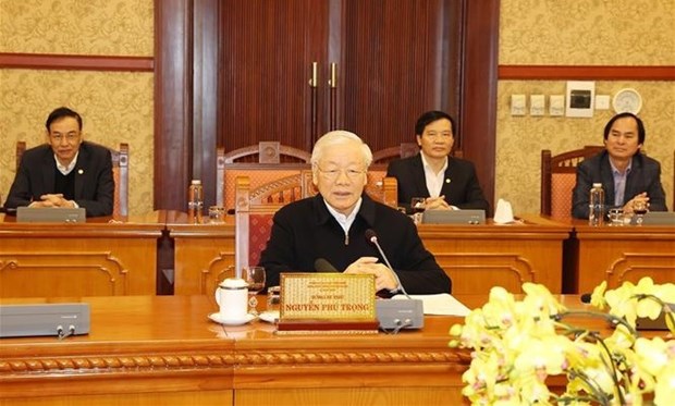 Party General Secretary Nguyen Phu Trong speaks at the meeting on February 8.