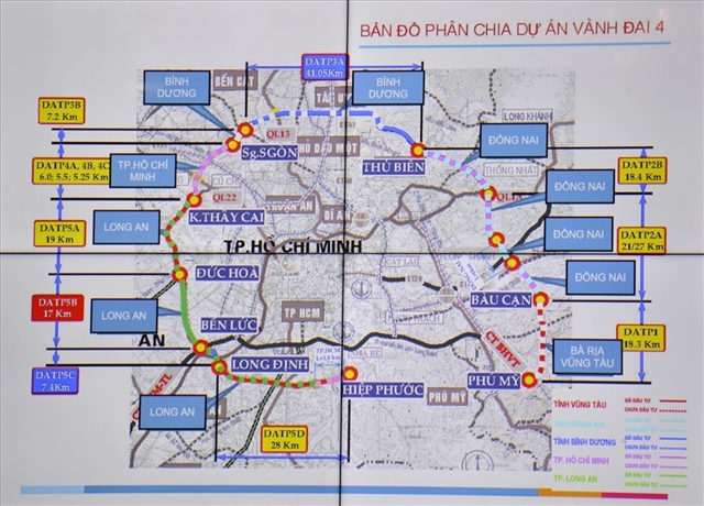 A map shows direction of the planned Ring Road No. 4 running through HCM City and provinces of Bình Dương, Đồng Nai, Long An and Bà Rịa-Vũng Tàu. — Photo laodong.vn