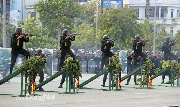 Lực lượng Cảnh sát cơ động dự bị chiến đấu tham gia biễu diễn một số động tác chiến đấu tại buổi lễ. Ảnh: Trần Danh