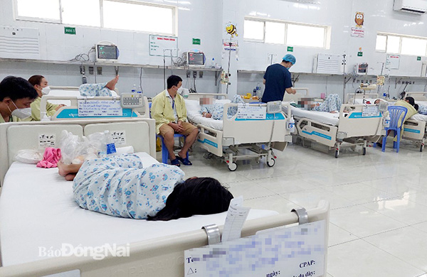 Nhiều bệnh nhi bị sốc sốt xuất huyết điều trị tại Bệnh viện Nhi đồng Đồng Nai. Ảnh: Hạnh Dung