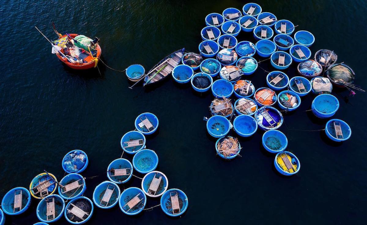 Coracles anchored in Binh Thuan Province on the south-central coast where most residents live off fishing.