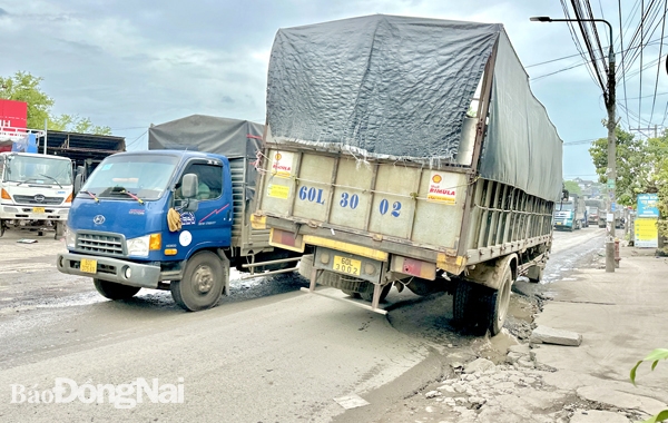 Đường Hoàng Văn Bổn qua địa phận P.Tân Biên (TP.Biên Hòa) luôn có lượng xe tải di chuyển dày đặc, cộng với việc hạ tầng xuống cấp trầm trọng càng thêm nguy cơ mất an toàn giao thông tại khu vực này. Ảnh: M.Thành