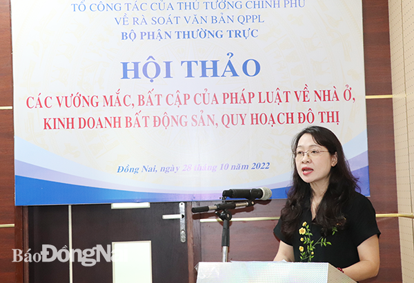 Phó cục trưởng Cục kiểm tra văn bản quy phạm pháp luật (Bộ Tư pháp) Nguyễn Thị Thu Hòe phát biểu tại hội thảo