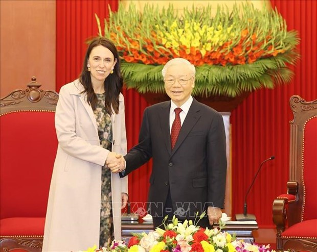 Party General Secretary Nguyen Phu Trong (R) and Prime Minister of New Zealand Jacinda Ardern. (Photo: VNA)